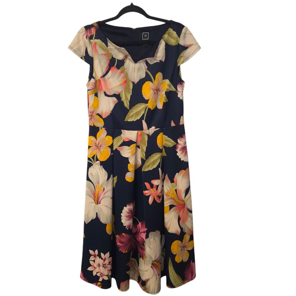 RMLL Women Size 10 Dress Floral Midi Short Sleeve Career Fit & Flare Stretch‎